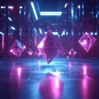 Futuristic Floating Crystals Illuminated in a Neon Environment with Purple Glow photo