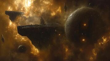 Mysterious Space Monoliths Amid Fiery Nebula in Deep Cosmic Scene photo