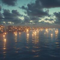 Illuminated Floating City at Dusk Over Reflective Water Surface with Cloudy Sky photo