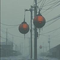 Ethereal Street Scene with Hanging Orb Lights in Dense Fog photo