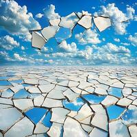 Surreal Landscape of Fractured Reflective Surface Under a Cloud-Filled Sky photo