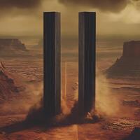 Giant Monolithic Structures in a Desert Landscape with Dramatic Atmosphere photo