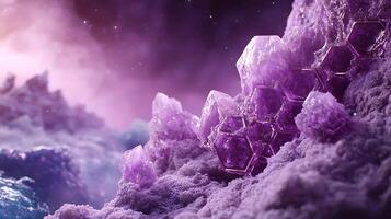 Purple Crystal Formations with Hexagonal Patterns in Dreamlike Cosmic Environment photo