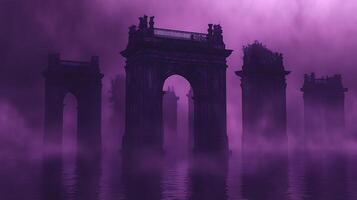 Mystical Purple Ruins Reflecting in Foggy and Serene Waters photo