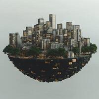 Surreal Floating Metro Skyline with Trees and Illuminated Windows photo