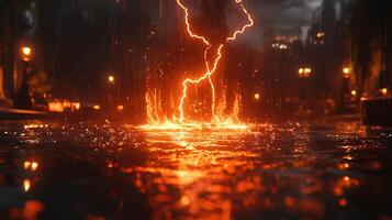 Vivid Orange Lightning Striking Wet Pavement During Dynamic Rainstorm photo