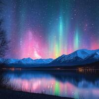 Stunning Aurora Lights Over Snowy Mountains Reflecting in a Tranquil Lake photo