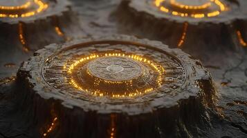 Futuristic Illuminated Circular Structures in Abstract Technology Landscape photo