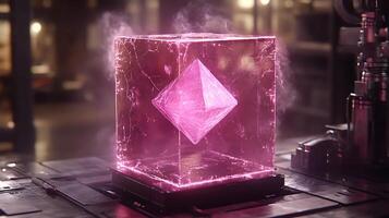 Glowing Pink Cube Containing a Geometric Core in a Sci-Fi Setting photo