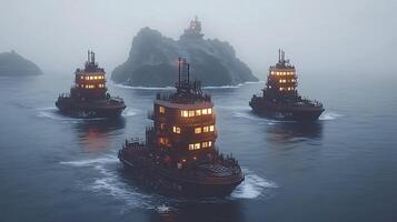 Fleet of Tugboat Vessels Navigating Foggy Waters Near Rocky Islands photo