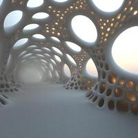 Futuristic Tunnel Structure with Abstract Circular Openings and Warm Lighting photo