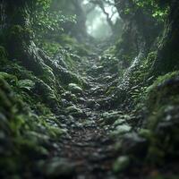 Forest Path Through Moss-Covered Roots and Stones with Gentle Lighting photo