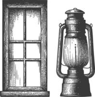 Vintage Engraving of Lantern and Window in Black and White Style vector