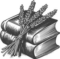 Detailed Engraving of Books with Wheat Bundle in Vintage Style vector