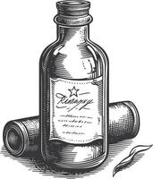 Vintage Engraved Bottle with Decorative Scrolls and Label Design vector
