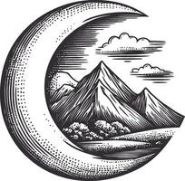 Engraved Moon with Mountain Landscape and Clouds in Black and White vector