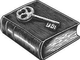 Engraved Vintage Key on Old Book with Detailed Linocut Style vector
