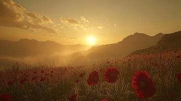 Beautiful Mountain Field With Poppies at Golden Sunset photo