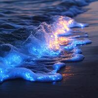 Bioluminescent Ocean Waves Glowing in Scenic Beach Atmosphere at Twilight photo