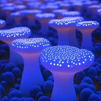 Blue Illuminated Mushrooms with Glow Effect in a Fantasy Setting photo