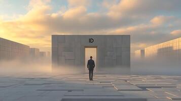 Man Facing Gateway in Architectural Maze with Mist Under Sunset Clouds photo