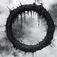 Futuristic Circular Space Station Rendering in a Cloudy Sky Scene photo