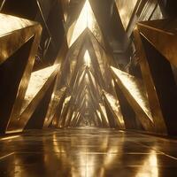 Golden Metallic Architectural Space with Abstract Geometric Prism Design photo