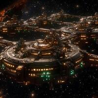 Futuristic Orbital Space Stations with Vibrant Lighting in Outer Space photo