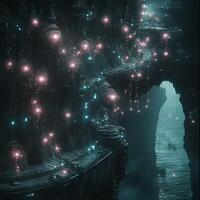 Futuristic Bioluminescent Cityscape with Geometric Architecture by a Misty River photo