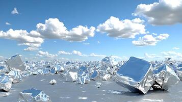 Chrome Cubes Scattered Under a Clear Cloudy Sky photo