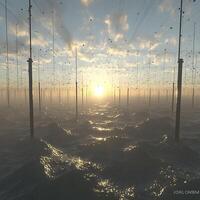 Sunlit Sunrise Over an Abstract Ocean With Poles and Lines photo
