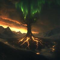 Majestic Tree with Lava Roots Under Colorful Aurora in Mountain Valley photo