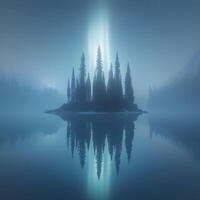 Mysterious Island with Pine Trees in a Misty Glow on Calm Lake photo