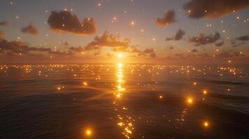 Golden Sunset Over Ocean Scintillating With Floating Sparks and Clouds photo
