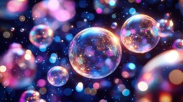 Colorful Glowing Bubbles With Sparkles and Abstract Bokeh Light Background photo