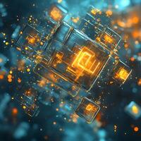 Abstract Tech Futuristic Digital Cube with Glowing Orange Elements photo