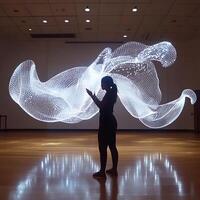 Silhouette of Person with Abstract Digital LED Light Art Installation photo