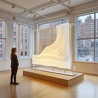 Woman Observing Abstract Artistic Light Sculpture in a Modern Gallery photo