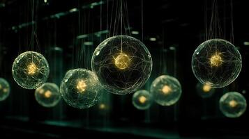 Luminous Spherical Orbs Suspended In A Dark Ambient Environment photo