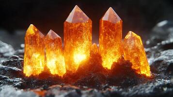 Illuminated Orange Crystals Glowing Brightly in a Dark Mystical Setting photo
