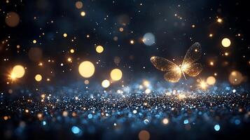 Sparkling Golden Butterfly with Glittering Lights on a Dark Background photo