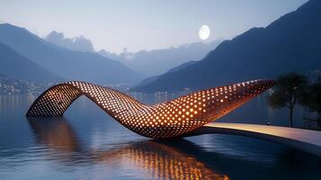 Illuminated Twisting Bridge Over Calm Lake Under Serene Moonlit Sky at Dusk photo