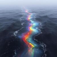 A Serene Ocean With A Vibrant Rainbow Path in a Foggy Mist photo