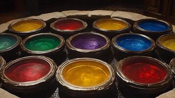 Circular Containers of Colorful Liquid Arranged Harmoniously in Artistic Display photo