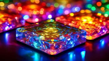 Vibrant Illuminated Glass Blocks with Multicolor Reflections and Lights photo