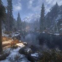 Tranquil Snowy Mountain Lake Scene With Pine Trees and Falling Snow photo