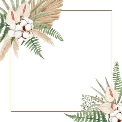Boho floral frame with watercolor cotton flower, calla lily, and dried palm leaves