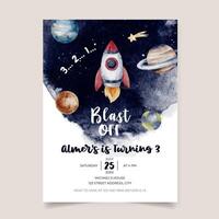 Blast Off Birthday invitation card with outer space theme background template for boys vector