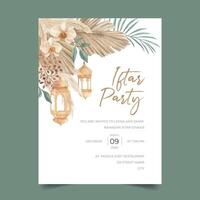 Bohemian Iftar Party Invitation Template with Dried Palm leaves, Pampas grass, Orchid and Moroccan Lamp vector
