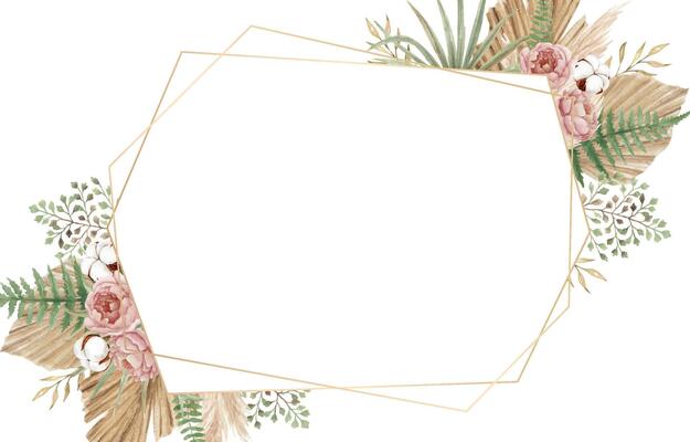 Bohemian floral frame background with dry palm leaves and peonies